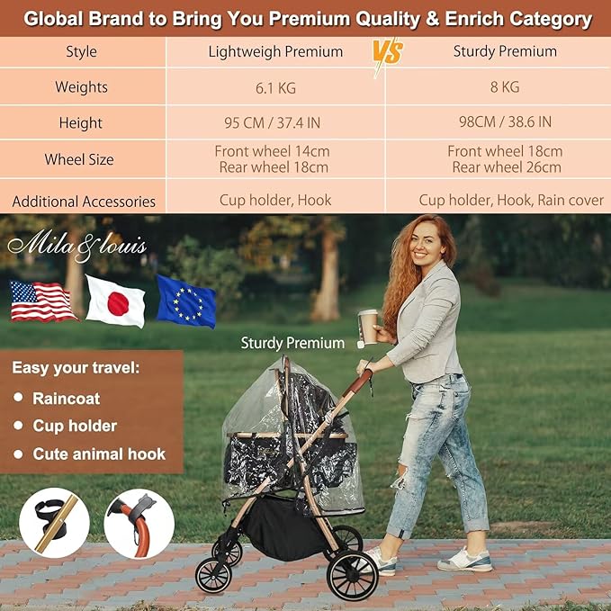 MILA&LOUIS Dog Stroller for Medium Dogs, Pet Stroller for Small Dogs with 4 Large Upgraded Wheel, Dog Strollers with Rain Cover, Cup Holder, Hook, Sturdy Puppy Stroller with Detachable Aluminum Cradle
