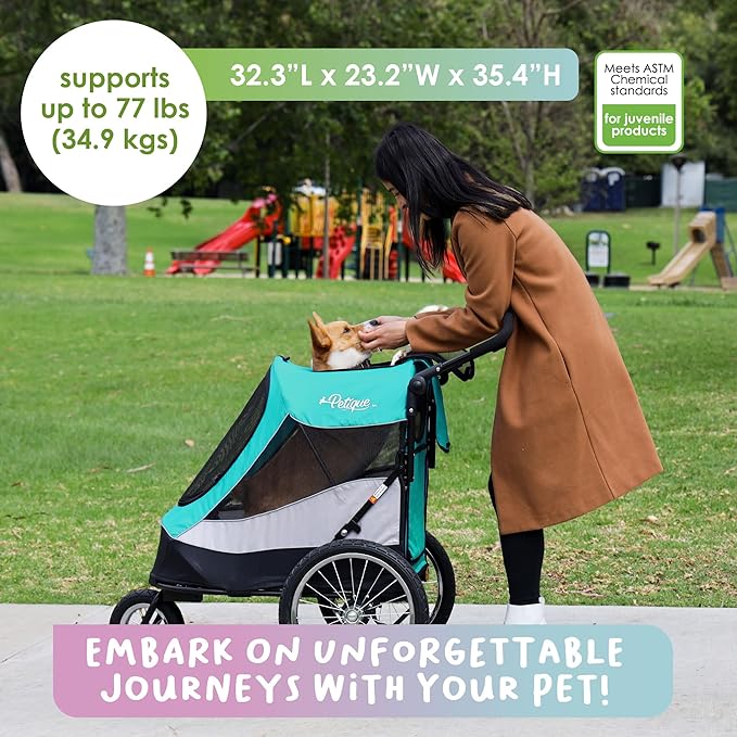 PETIQUE Trailblazer Jogger, Dog Cart for Medium Size Pets, Ventilated Pet Stroller for Cats & Dogs, Turquoise