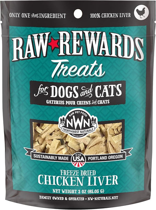 Northwest Naturals Raw Rewards Freeze-Dried Chicken Liver Treats for Dogs and Cats - Bite-Sized Pieces - Healthy, 1 Ingredient, Human Grade Pet Food, All Natural - 3 Oz (Pack of 1)