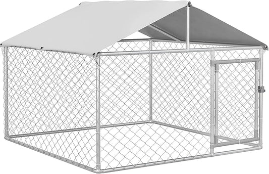 PawHut Large Dog Kennel Outside, Heavy Duty Dog Cage with Waterproof Cover, Outdoor Fence Dog Run with Galvanized Chain Link, Secure Lock, 6.6' x 6.6' x 4.9'