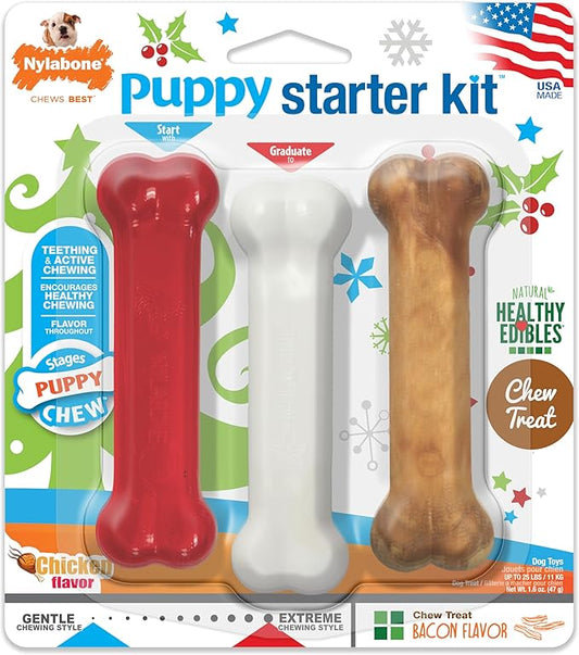 Nylabone Teething Puppy Chew Starter Kit, Two Puppy Chew Toys and Puppy Chew Treat, Puppy Supplies, Bacon & Chicken Flavor, Small/Regular (3 Count)