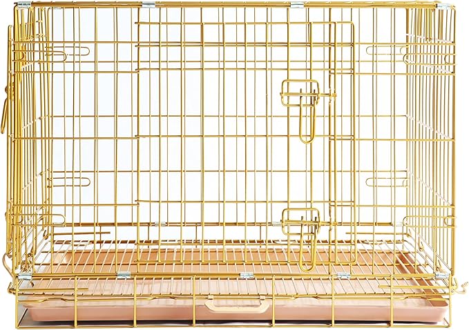 Homey Pet Dog Cage for Small Dogs, Gold Medium Dog Crate, Collapsible Dog Kennel Indoor, Nano-Coated Metal Wire Dog Crate with Removable Floor Grid Tray, Double Doors Dual Locks, GOLD24+GOLD30 Bundle