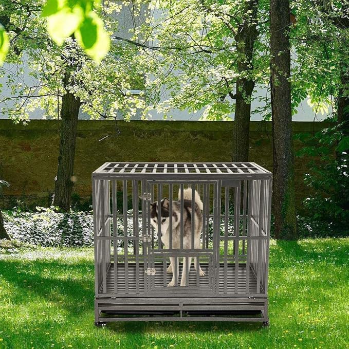 KELIXU 42” Heavy Duty Dog Crate Large Dog Cage Metal Dog Kennels and Crates for Large Dogs Indoor Outdoor with Locks, Lockable Wheels and Removable Tray, Easy to Install, Black