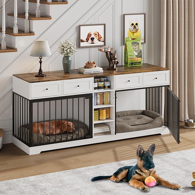 82” Double Dog Crate Furniture, Large Dog Kennel Indoor for 2 Dogs, Heavy Duty Wooden Dog Crate TV Stand with 4 Drawers and Shelves, White
