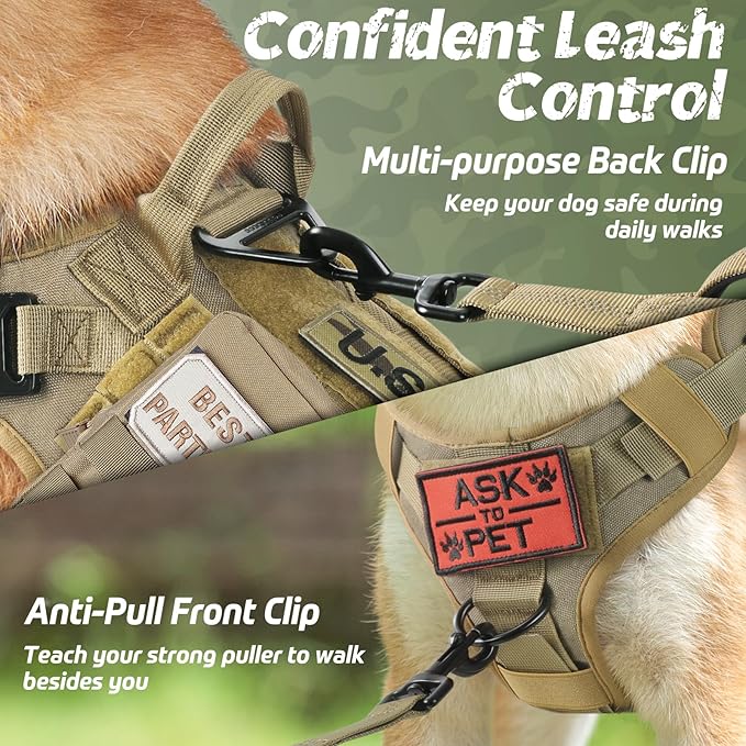 rabbitgoo Tactical Dog Harness for Large Dogs, Heavy Duty Dog Harness with Handle, No-Pull Service Dog Vest Large Breed, Adjustable Military Dog Vest Harness for Training Hunting Walking, Brown, S