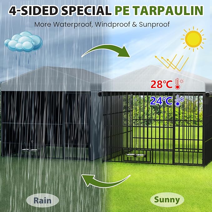 Rovibek Outdoor Dog Kennel with Roof, Dog Kennel Outside with 3 Sides Sun-Proof Cover, Large Outdoor Dog Playpen, Dog Run Enclosure with 2 Rotating Bowl for Small Medium Large Dogs