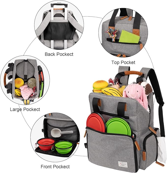 Modoker Dog Travel Bag, Airline Approved Backpack for Pet Accessories Organizer, Tote Weekend Bag with 2 Dog Food Storage Containers, 2 Collapsible Dog Bowls, 1 Pet Mat, Grey