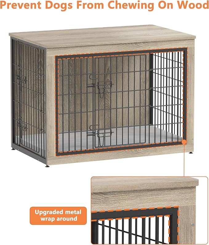 Piskyet Dog Crate Furniture with Cushion,Heavy-Duty Reinforced Metal Mesh,32" Wooden Dog Crate End Table with Double Doors,Indoor Dog Kennel,Dog Cage Side Table for Medium Breed,Grey