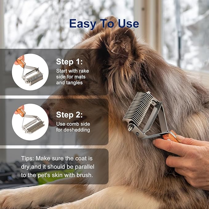 WePet 2-in-1 Dematting Comb & Shedding Brush, Undercoat Rake Grooming Tool with Wooden Handle for Dogs & Cats - Easily Removes Mats, Tangles, and Loose Hair