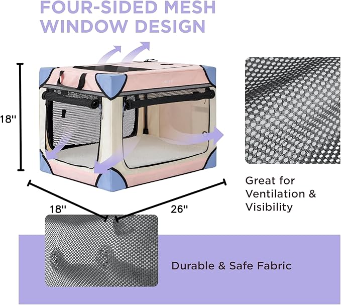 Lesure Soft Collapsible Dog Crate - 26 Inch Portable Travel Crate for Small Dogs Indoor & Outdoor, 4-Door Foldable Pet Kennel with Durable Mesh Windows, Pink