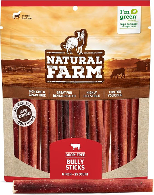 Natural Farm Odor-Free Bully Sticks (6 Inch, 25 Pack), 1.3 lb. Bag, Fully Digestible 100% Beef Pizzle Chews, Grass-Fed, Non-GMO, Grain-Free, Natural Long-Lasting Chews for Small & Large Dogs