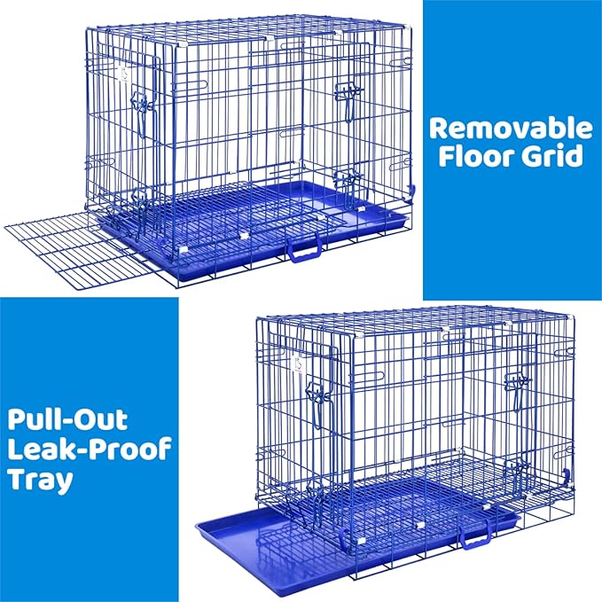 HOMEY PET Blue 30 Inch Dog Crate, Small Dog Kennel Indoor Collapsible Dog Cage Medium Sized Dog Nano-Coated Metal Wire Dog Crates with Removable Floor Grid and Tray, Double Doors Dual Locks, Handle