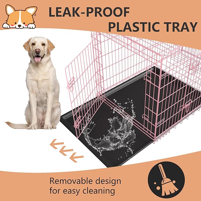 FDW Dog Crate for Large Dogs 42 Inch Folding Metal WirePet Cage Double Door W/Divider Panel Indoor Outdoor Kennel Leak-Proof Plastic Tray,Pink