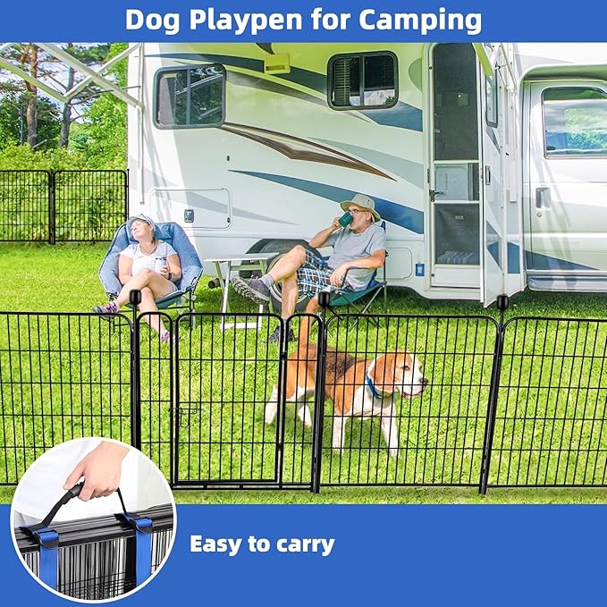 ADAVIN Tall Garden Fence with Gate, 48 in(H) 8 Panels Heavy Duty Iron Metal Animal Barrier Fence, Indoor Dog Playpen, Temporary Fencing, Dog Fence Outdoor for Yard, Total17.7 Ft(L), Black