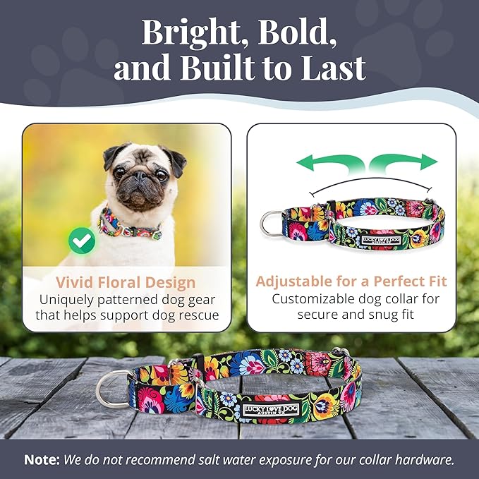 Lucky Love Dog Martingale Dog Collar - Adjustable, No-Slip, Durable, & Soft Webbing Dog Collar for Male and Female Dogs Ideal for Training & Walking - Stylish Blackbird Pattern, Medium Size