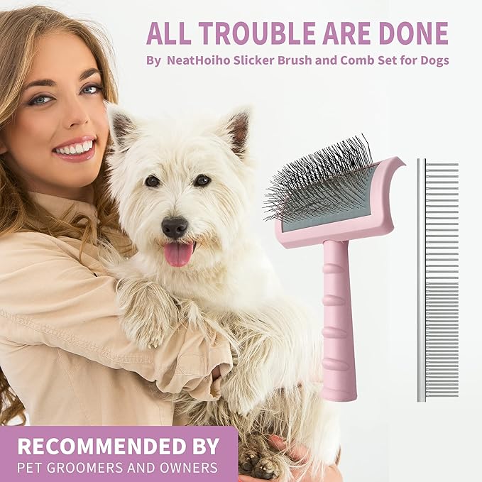 Firm Pet Grooming Kit: 25mm Extra Long Pin Brush for Goldendoodles, Wire Deshedding Brush, Removes Loose Hair & Undercoat (Pink)
