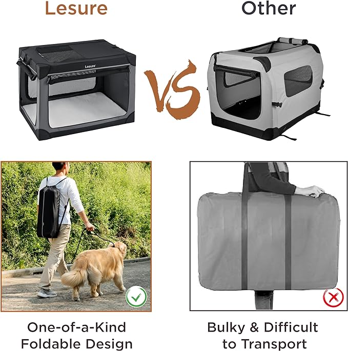 Lesure Soft Collapsible Dog Crate - 26 Inch Portable Travel Crate for Small Dogs Indoor & Outdoor, 4-Door Foldable Pet Kennel with Durable Mesh Windows, Black