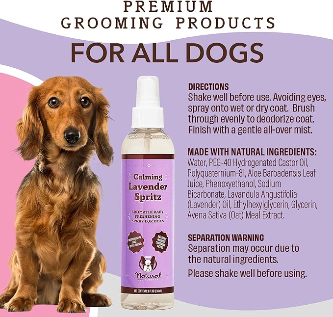 Natural Dog Company Calming Lavender Spritz for Dogs, 8oz – Deodorizing & Moisturizing, Soothes Skin, Conditions Coat, Hypoallergenic, Alcohol-Free, USA Made