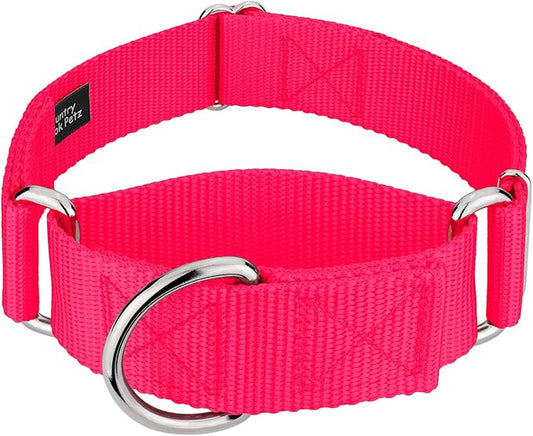 Country Brook Petz 1 1/2 Inch Martingale Heavy Duty Nylon Adjustable Dog Collar for Small, Medium, Large Breeds - Vibrant 17 Color Selection (Hot Pink, Large)
