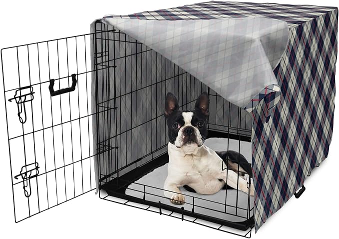 Lunarable Plaid Dog Crate Cover, Celtic Fashion Diagonal Retro Style Classical Irish Culture Inspiration, Easy to Use Pet Kennel Cover for Small Dogs Puppies Kittens, 22 Inch, Night Blue Red Beige
