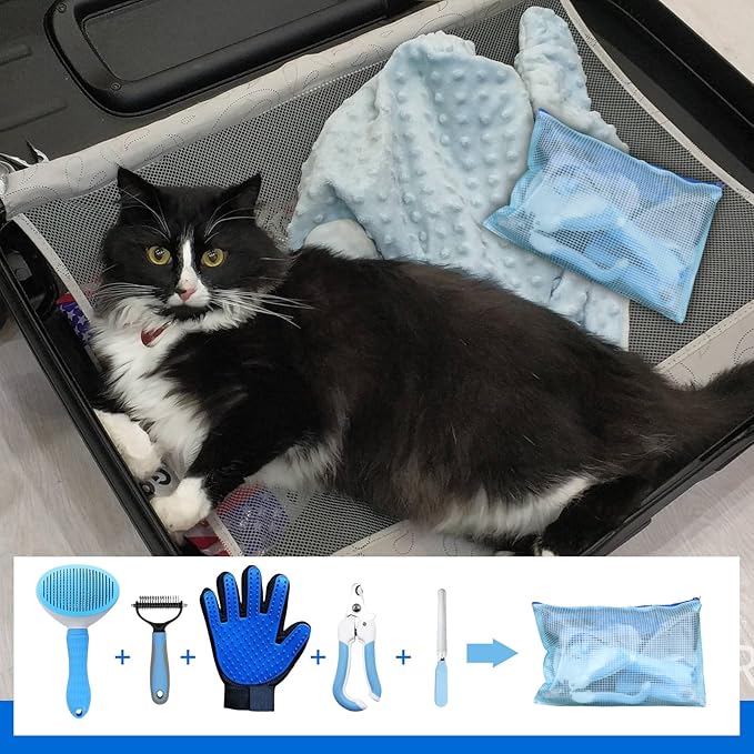 Comprehensive Pet Grooming Kit - Slicker Brush, Deshedding Tools, Nail Clippers, Polisher, Gloves and Bag for Dogs and Cats