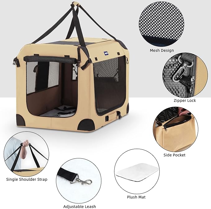 Petprsco Portable Dog Crate - 32"x23"x23" Collapsible Dog Travel Crate for Medium/Large Dogs with Soft Blanket, Foldable Bowl & Poop Bag Dispenser - Indoor & Outdoor Use