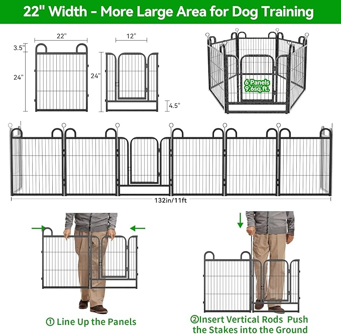 Puppy Playpen 6 Panels Small Dog Fence Outdoor Indoor Use 24" Height Anti-Rust with Doors Portable Dog Play Pen for RV Camping Yard, Total 11FT, 10 Sq.ft, Snowy Black