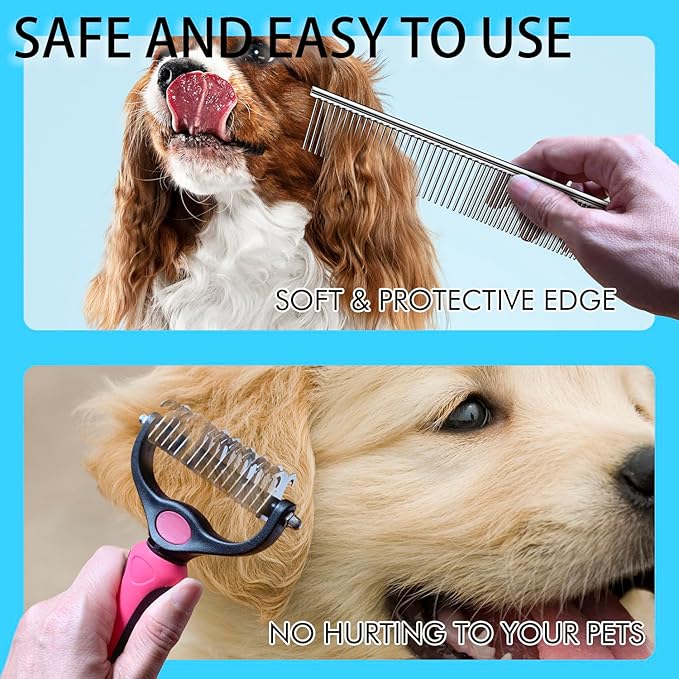 OneCut Pet Grooming Brush and Metal Comb Combo, Pet Grooming Rake and Brushes for Small, Medium & Large Dogs Double Sided Deshedding Tool Removes Knots and Tangled Hair (Red)