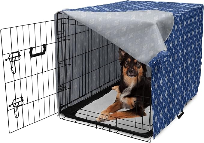Lunarable Damask Blue Dog Crate Cover, Azulejo Talavera Inspired Continuous Pattern of Motif, Easy to Use Pet Kennel Cover for Medium Large Dogs, 36 Inch, Dark Sky Blue Pale Blue
