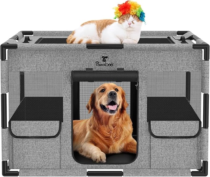 Cat Dog Playpen, 91x61x61cm Portable Puppy Playpen Dog Play Pen Indoors with Cover and Gate, Tear Resistant Thickened Fabric Waterproof Bottom Breathable Mesh Dog Fence, Gray & Black