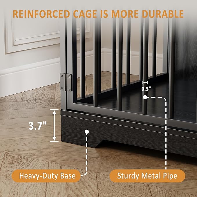Dog Crate Furniture for Small Dogs, Wooden Dog Kennel Indoor with Storage Shelves, 3 Drawers & Hidden Bowl, Modern Pet Cage Side End Table, up to 120 lb, 48" L, Steel Lock, Black