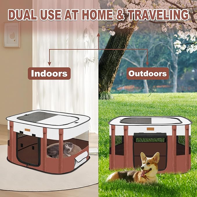 Dog Playpen - Foldable Cat Play Pens for Pubby, Kitten, Rabbit, Portable Pet Tent with Carring Bag for Indoor/Outdoor Travel Camping (Brown-Small)
