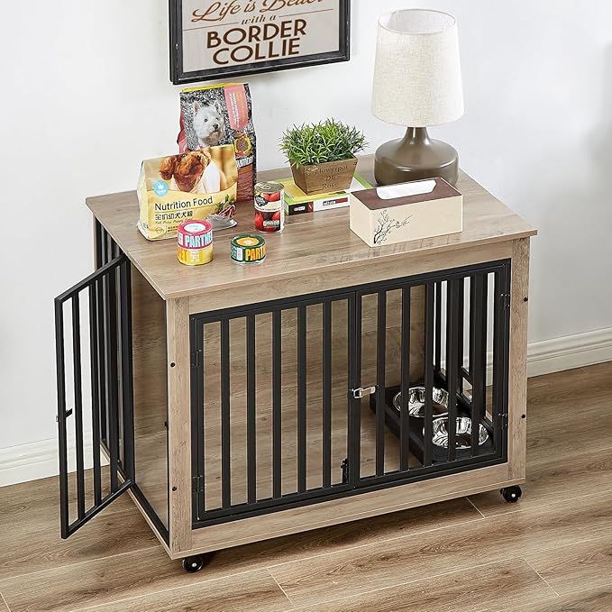 Dog Crate Furniture, Dog House Indoor with Feeding Bowl and Wheels, Wood Dog Crate Dog Kennels Decorative Dog Crate for Small Medium Dogs Grey 38.58" W x 25.2" D x 27.17" H One Size