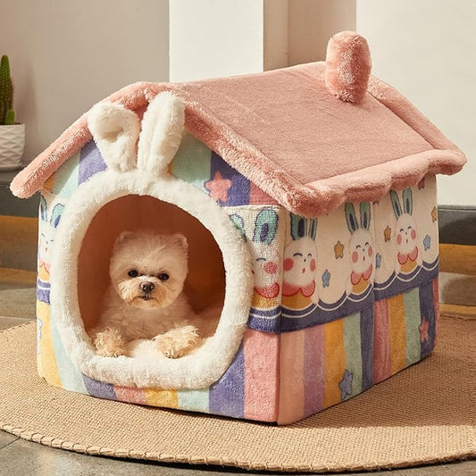 JIUPETY Cute Small Dog House Indoor, Foldable House Kennel Bed Mat with Cushion, L Size Tent Up to 30 Lbs, Dog Cave Bed with Non-Slip Bottom, Rainbow