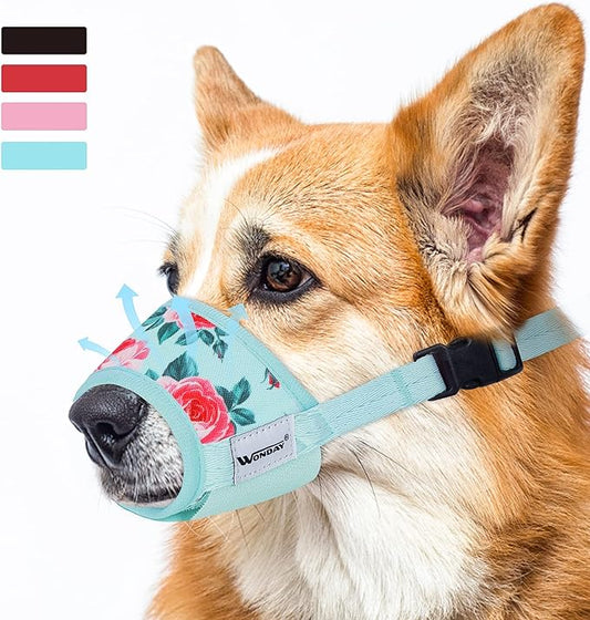 Dog Muzzle for Medium Dogs, Dog Muzzle for Large Dogs Biting, Soft Nylon Print Muzzle Anti Biting Barking Chewing, Breathable Drinkable Adjustable Pet Muzzle for Medium Large Dogs Cyan Flower L