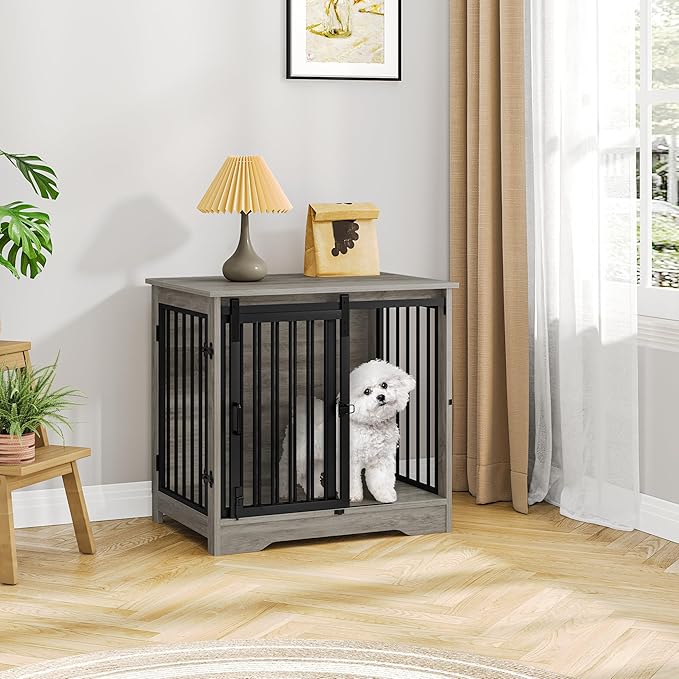 Dog Crate Furniture, 27.2" Double Door Dog Crate with Barn Door, Dog Kennel Indoor, End Side Table Wooden Dog Crate for Small Medium Dog, Anti-Chew Anti-Escape, Greige DFC84305B