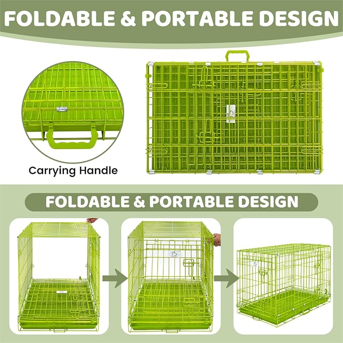 HOMEY PET 30 Inch Dog Kennel Indoor, Green Dog Cage for Small Dogs Foldable Dog Crates for Medium Dogs Nano-Coated Metal Wire Dog Crate with Removable Floor Grid Tray, Double Doors, Handle for Travel