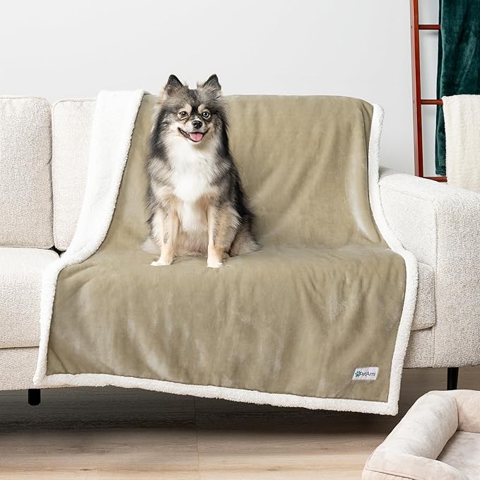 PetAmi WATERPROOF Dog Blanket for Medium Large Dog, Pet Puppy Blanket Couch Cover Protection, Sherpa Fleece Cat Blanket, Sofa Bed Furniture Protector Reversible Soft Plush Washable, 60x40 Taupe
