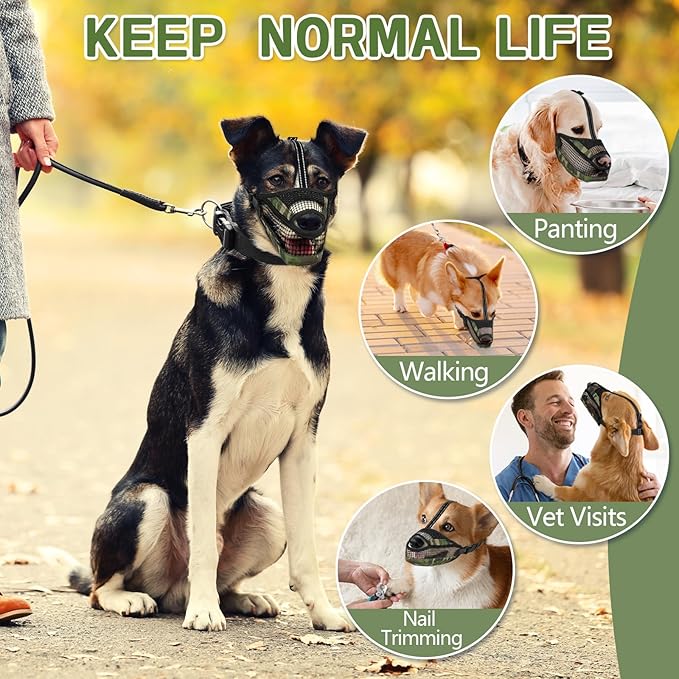 Dog Muzzle for Large Medium Small Dogs, Soft Mesh Muzzle for Dogs with Reflective Adjustable Strap, Prevent Biting Chewing and Licking, Dog Nose Open Design for Reduction Friction (Camo, M)