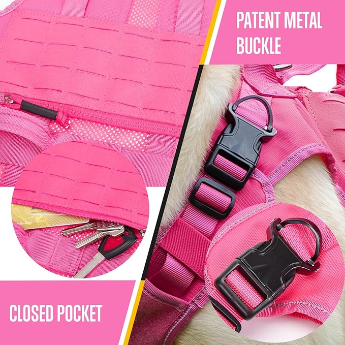 No Pull Dog Harness -Tactical Dog Harness - Breathable mesh, Pet Walking Hiking Training Vest- Dog Harness for Dogs, Service Dog, Large, Pink