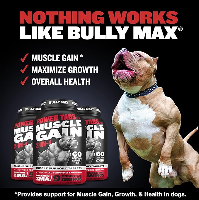 Bully Max 2-in-1 Muscle Builder Power Tabs for Puppies & Adult Dogs - Puppy & Dog Treats Vitamins for Muscle Gain & Growth - Multivitamin Supplements for All Breeds & Ages - 30 Chewable Tablets