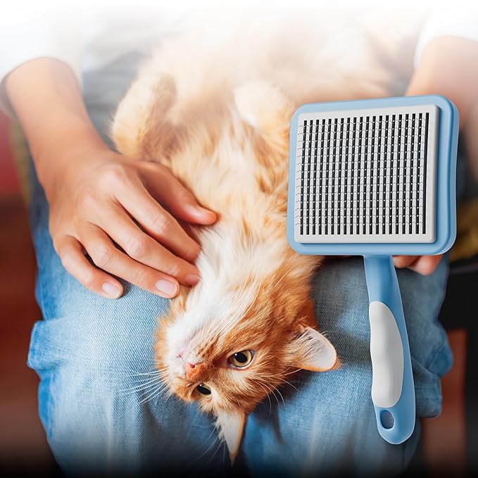 Cat Brush with One-Click Button, Cat Brushes for Indoor Cats Shedding,Self Cleaning Slicker Cat Brush for Shedding Massaging Grooming, Suitable for Long Short Haired Pets, Comfortable/Easy to Clean