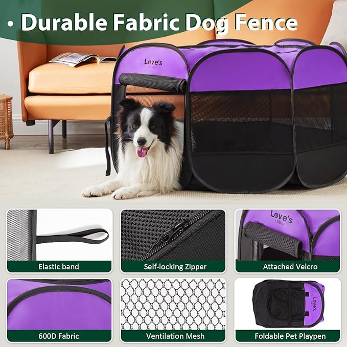 Love's cabin Pet Puppy Dog Playpen, Large Dog Tent Crates Cage Indoor/Outdoor, Portable Playpen for Dog and Cat, Foldable Pop Up Dog Kennel Playpen with Carring Case, Removable Zipper Top, Purple