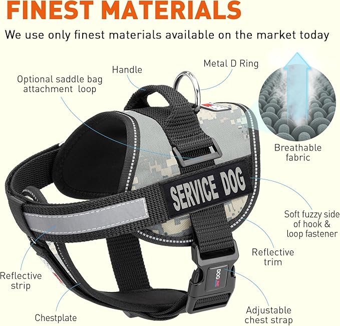Dogline Unimax Service Dog Harness Vest with Removable Service Dog Patches Adjustable Straps Breathable Neoprene for Medical Identification Training Dogs Girth 18 to 25 in Urban Camo