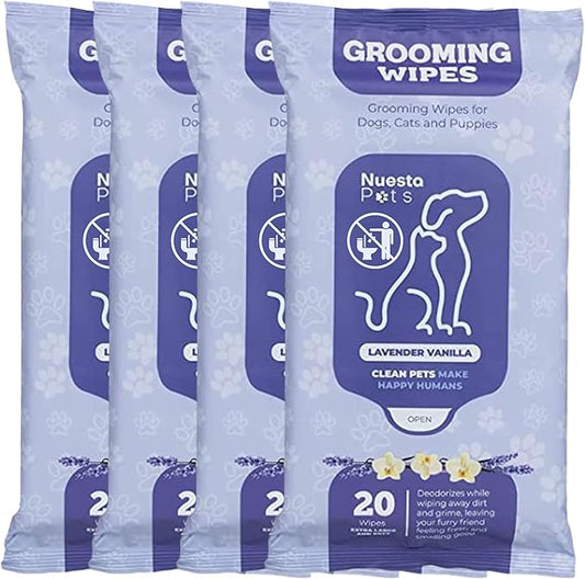 Pets XL Lavender Vanilla Pet Wipes-Deodorizing No Bath Cleaning for Dogs & Puppy Grooming | Ear, Face, Butt, Paw Wet Wipe | Enriched w/Aloe, Chamomile, Oat Amino Acids | Healthier Coat & Skin