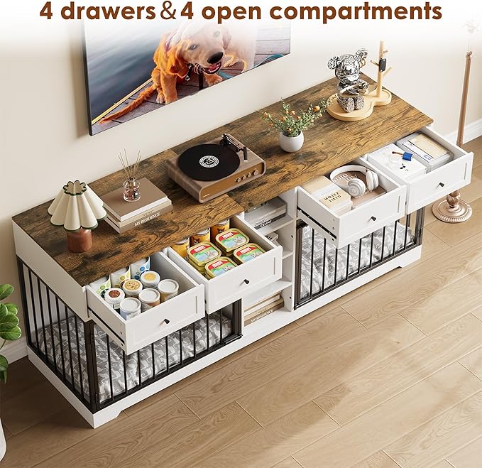 82” Double Dog Crate Furniture, Large Dog Kennel Indoor for 2 Dogs, Heavy Duty Wooden Dog Crate TV Stand with 4 Drawers and Shelves, White