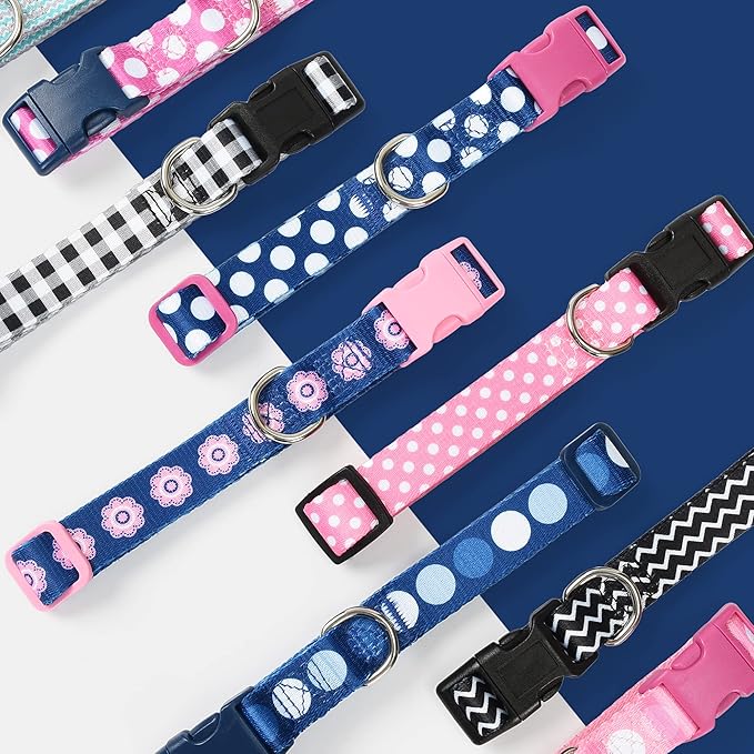 Mile High Life Dog Collar | Cute Puppy Collars | Lightweight Girl Dog Collar | Soft Boy Dog Collars | w Geometric Plaid Wave Line Pattern (White Dots, Large)
