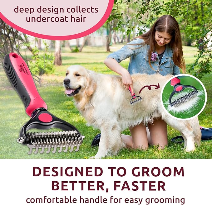 Pat Your Pet Deshedding Brush - Double-Sided Undercoat Rake for Dogs & Cats - Shedding Comb and Dematting Tool for Grooming, Extra Wide (Pink)