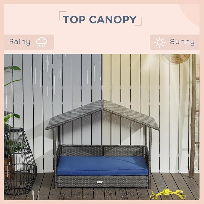 PawHut Wicker Dog House Outdoor with Canopy, Rattan Dog Bed with Water-Resistant Cushion, Raised Dog Bed for Small, Medium Dogs up to 66 lbs, 19.75" in Length, Gray Wicker, Dark Blue Cushion