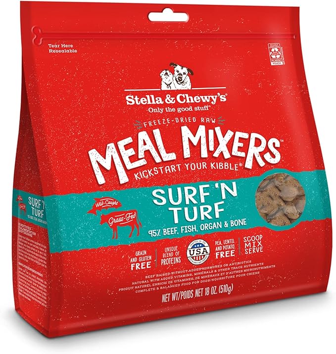 Stella & Chewy's Freeze Dried Raw Surf & Turf Meal Mixer – Dog Food Topper for Small & Large Breeds – Grain Free, Protein Rich Recipe – 18 oz Bag